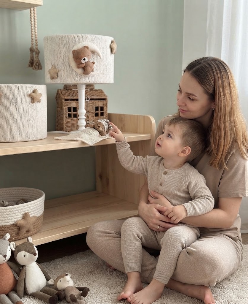 Candeeiro de Mesa Infantil Ursinho na Lua Candeeiro de mesa branco com ursinho e estrelas decorativas numa prateleira de madeira, mãe e filho sentados no chão a brincar