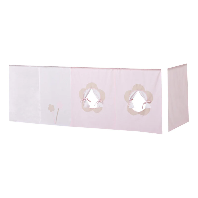 Cortina de Cama Eco Dream – Conto de Fadas Floral Cortina rosa claro com flores bege e janelas redondas com laços cor de rosa