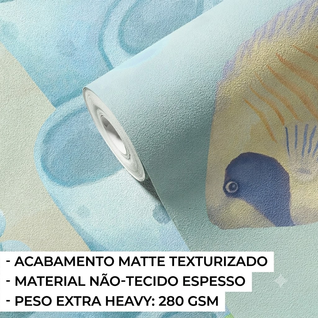 Papel de Parede Infantil Oceano Rolo de papel de parede texturizado azul e bege com letras