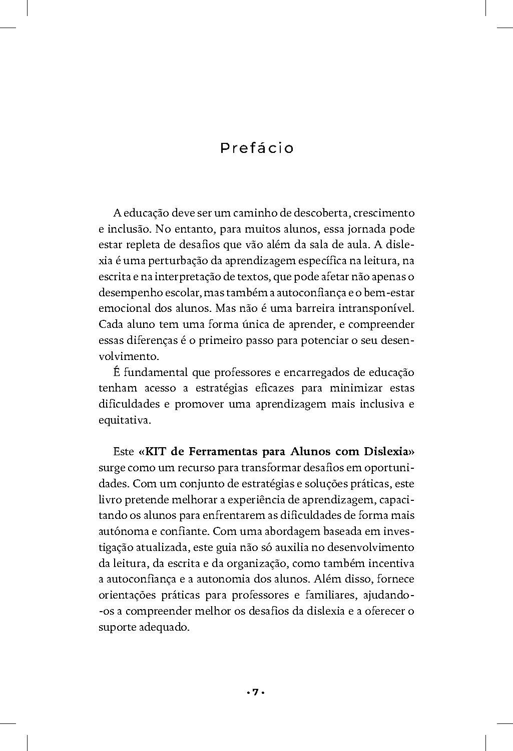 Kit De Ferramentas Dislexia Página de livro com texto em português sobre educação inclusiva e dislexia