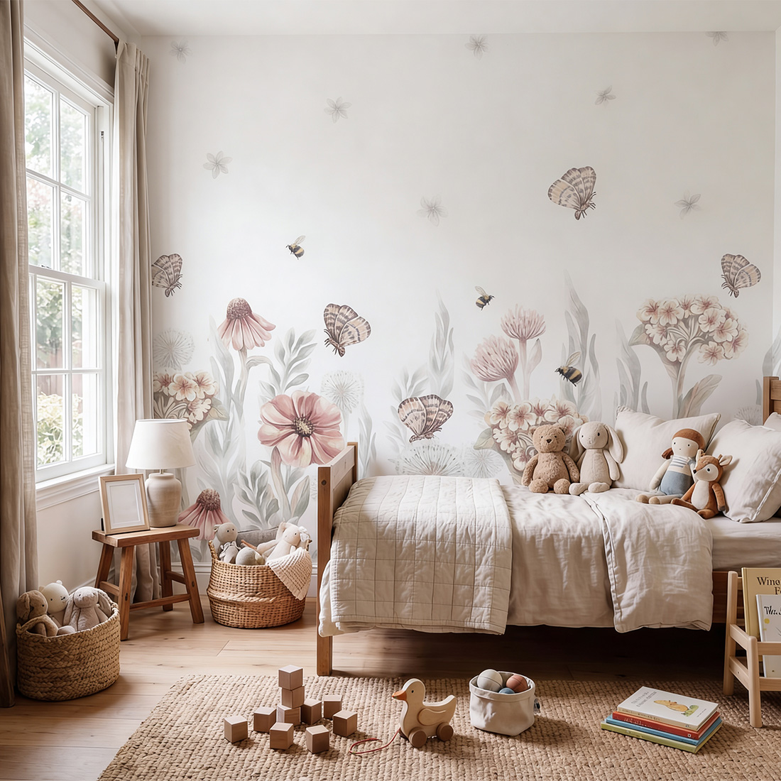 Papel de Parede Infantil Flores Silvestres Pequenas Quarto infantil com decoração floral e brinquedos organizados