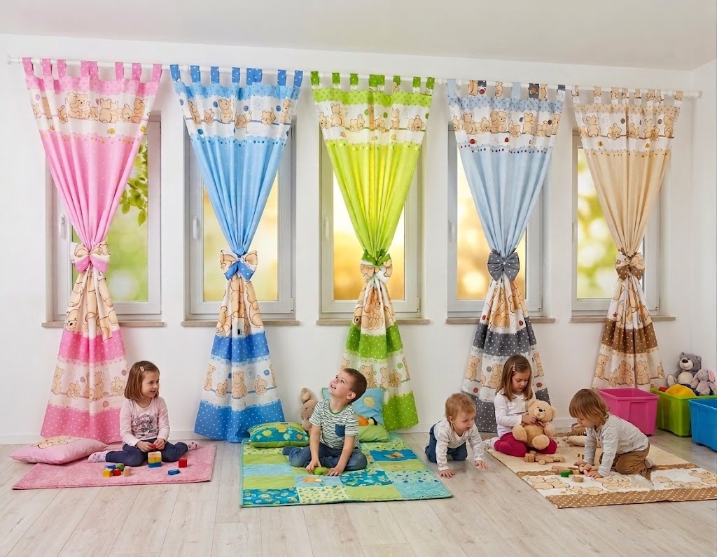 Cortinados Infantis Ursinhos Cinco cortinas infantis coloridas com estampas de ursos penduradas em janelas numa sala com crianças sentadas em tapetes coloridos.