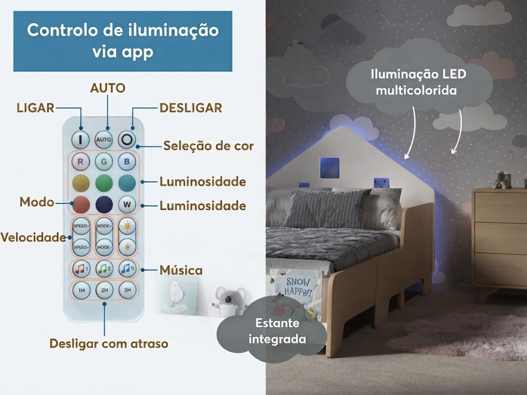 Cama Infantil Extensível com Cabeceira Casinha e Luz LED Cama infantil de madeira com iluminação LED multicolorida e comando remoto com funções em português