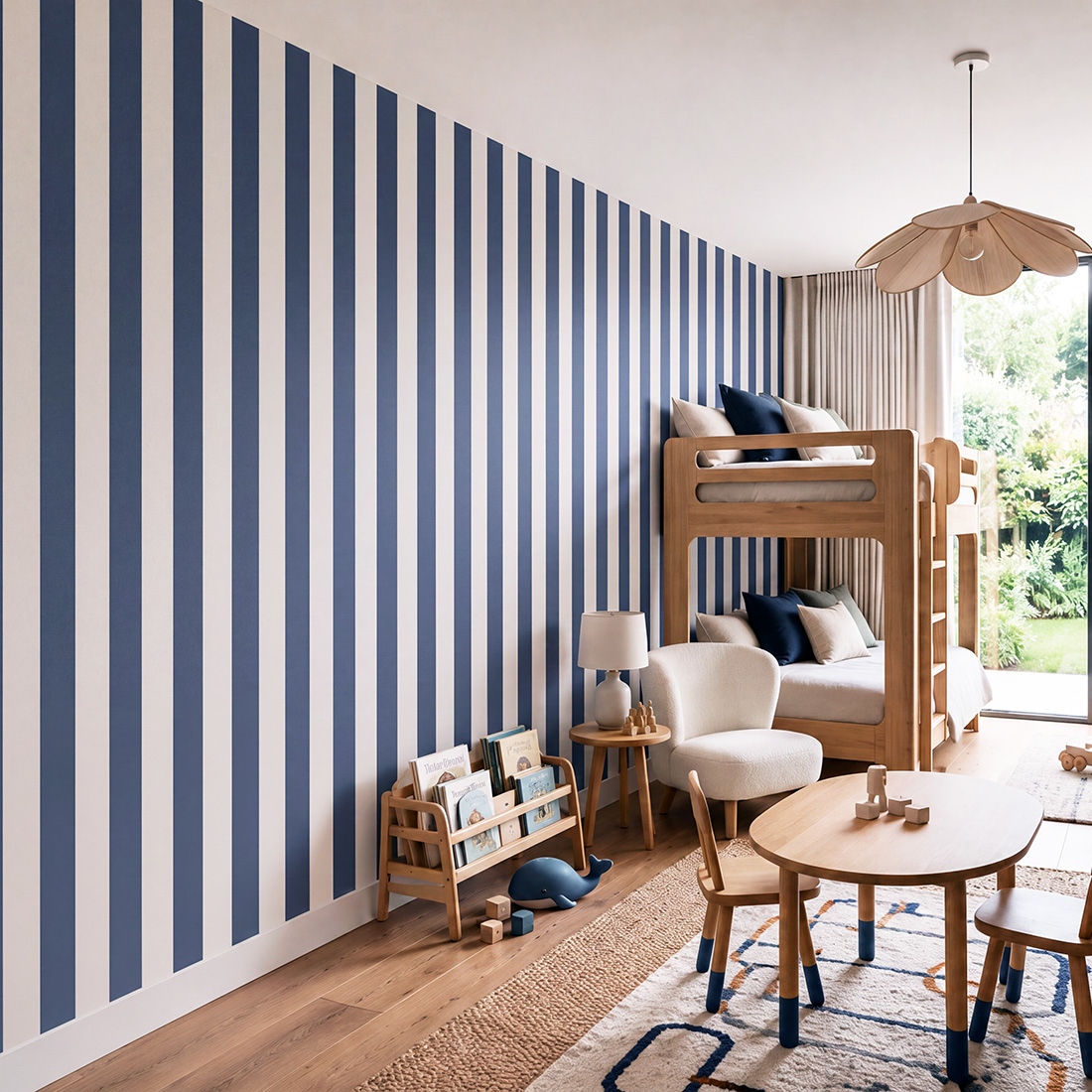 Papel de Parede Infantil às Listas Finas Quarto infantil com beliche de madeira, parede listrada azul e branca e mobiliário de madeira com detalhes em azul.
