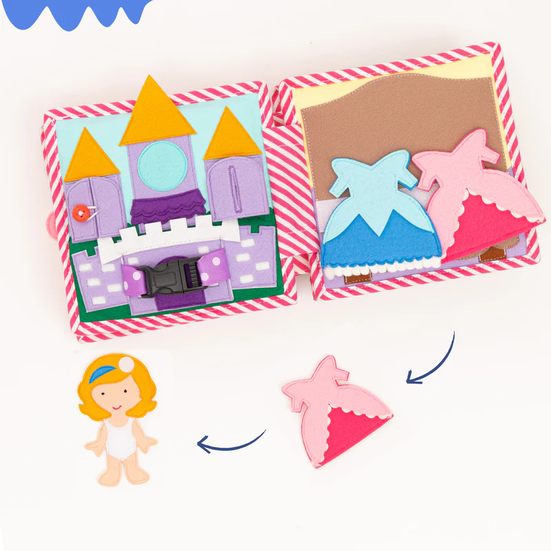 Princesinha – Mini Livro Sensorial de 6 Páginas Brinquedos de madeira castelo e vestidos para boneca com boneca menina