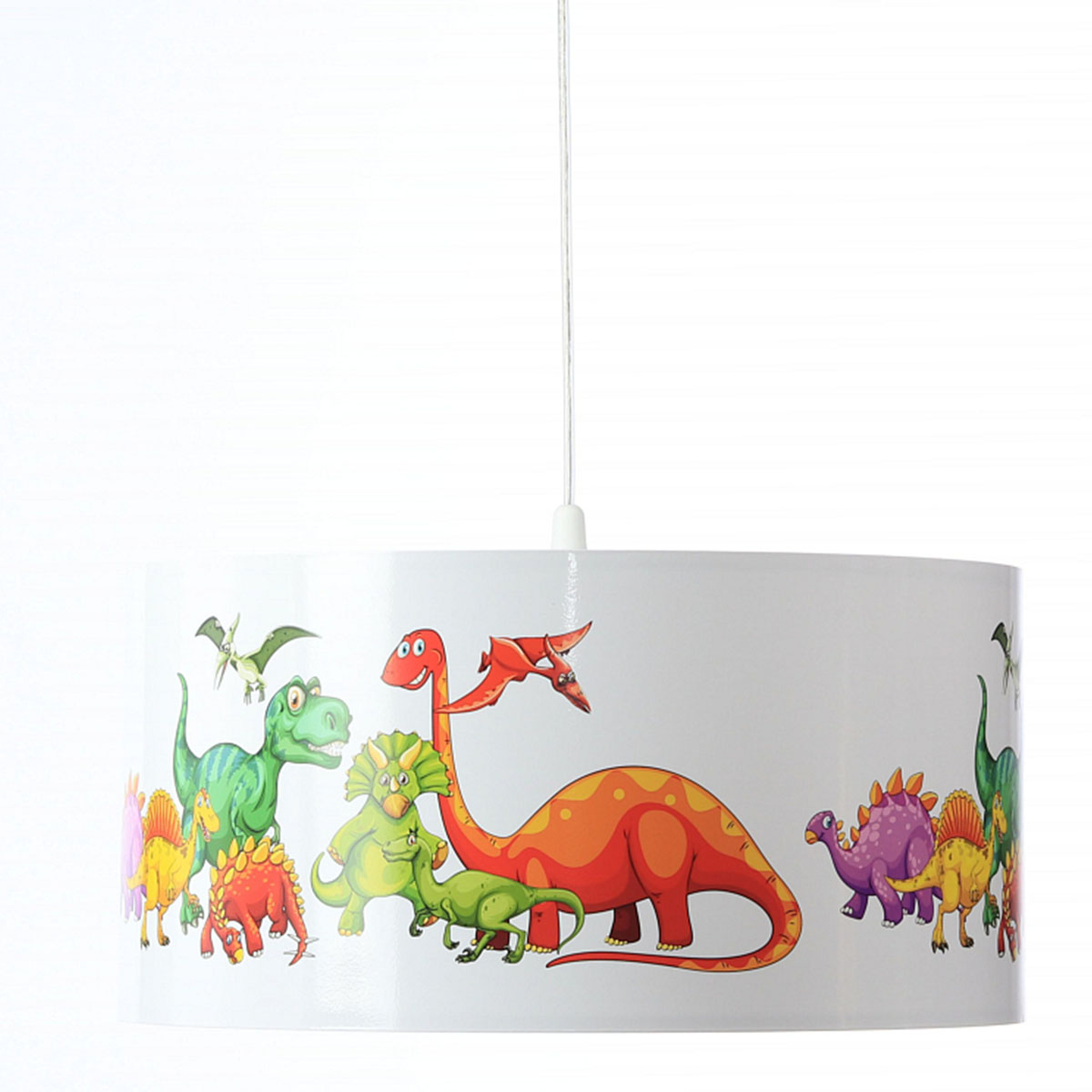 Candeeiro Suspenso Pequenos DINOSSAUROS Candeeiro de tecto branco com desenhos coloridos de dinossauros.