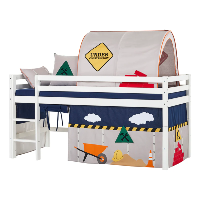 Túnel de Brincar - Construção Cama alta infantil com tenda e cortinas temáticas de construção
