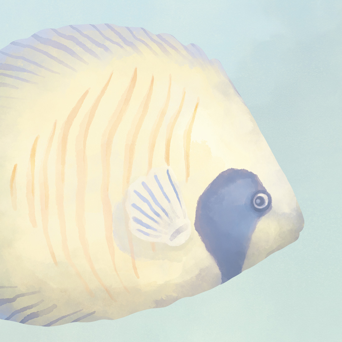 Papel de Parede Infantil Oceano Ilustração digital de peixe amarelo claro com linhas laranja e azul em fundo azul claro