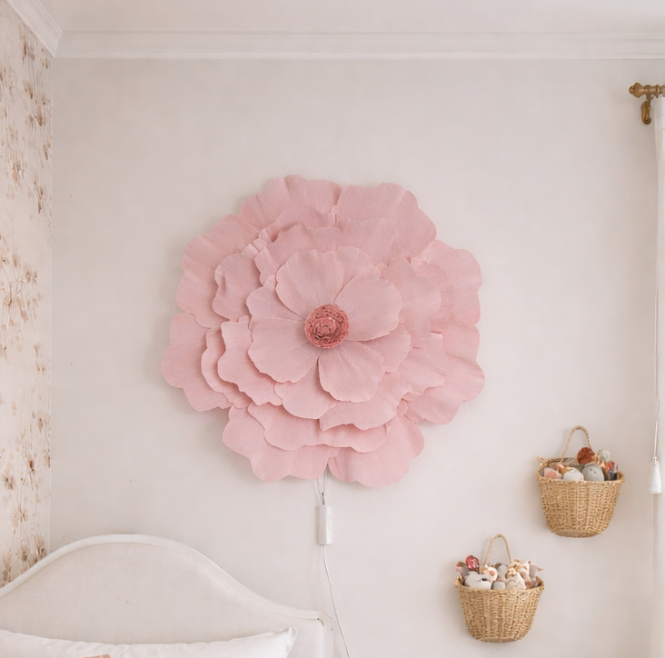Candeeiro LED de Parede Flor Grande flor decorativa rosa na parede acima de cabeceira branca com duas cestas de verga ao lado