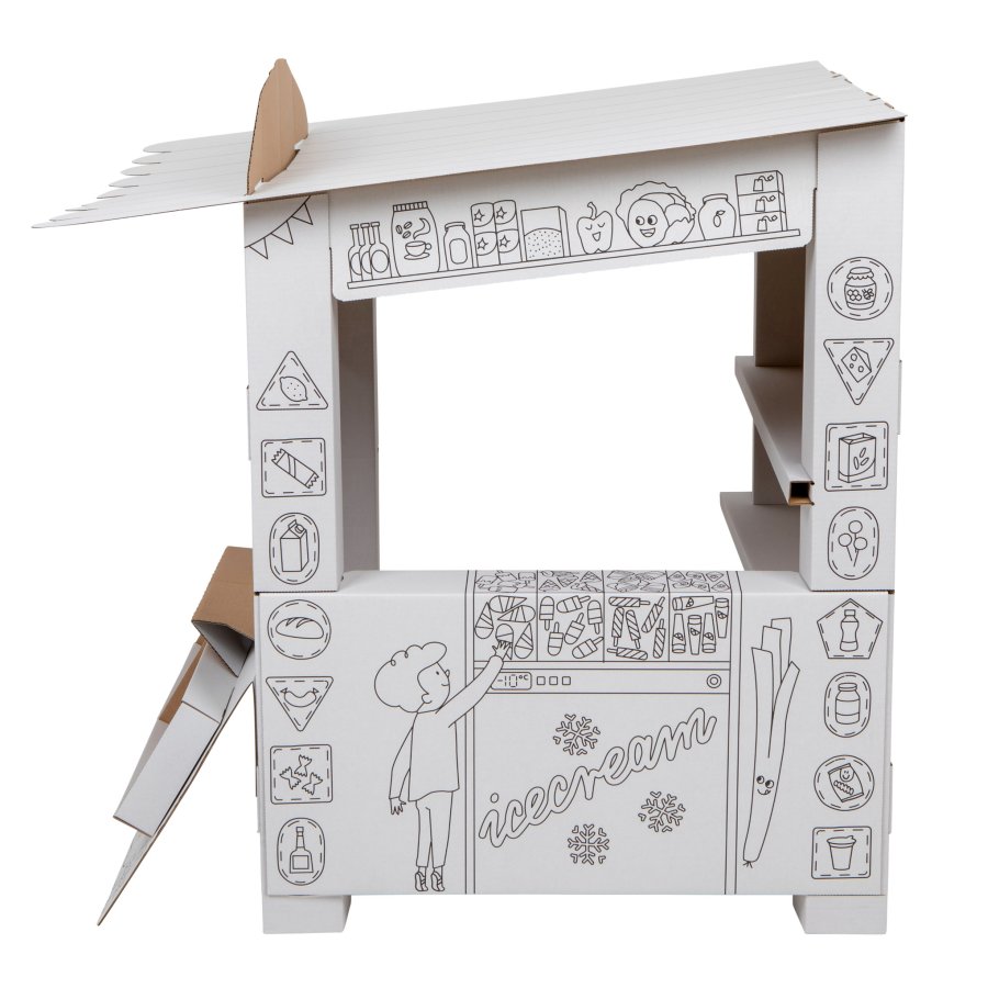Minimercado para Colorir Estrutura de cartão branca com ilustrações de loja de gelados e crianças.