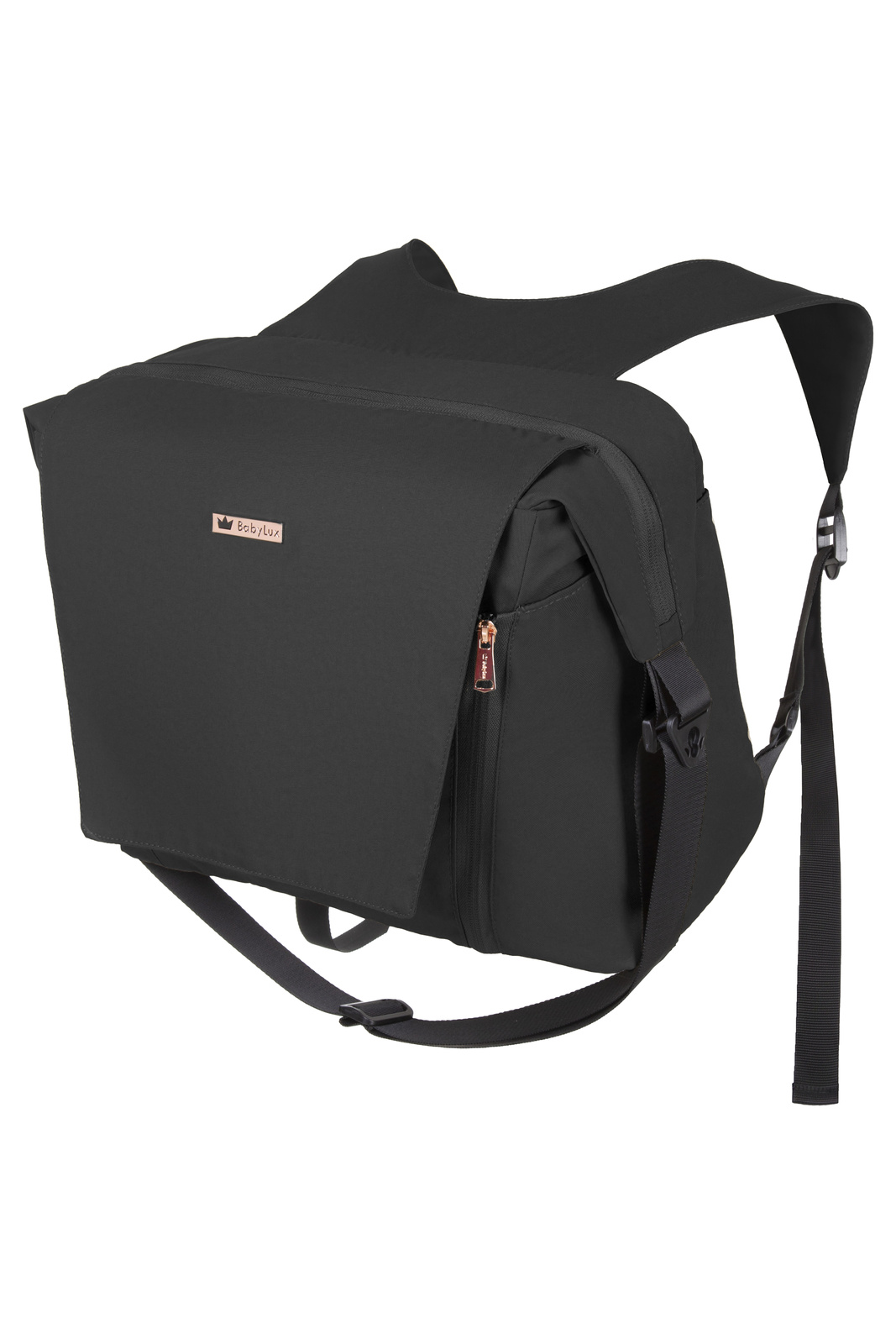 Carrinho de Bebé ROMBO Onyx Mochila preta com etiqueta Babylux em fundo branco