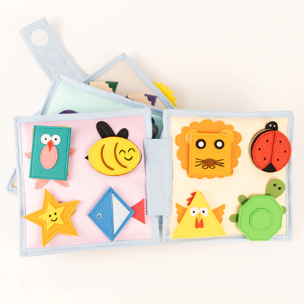 Arco Íris - Mini Livro Sensorial de 6 Páginas Livro de atividades infantil em tecido com figuras de animais coloridos em feltro