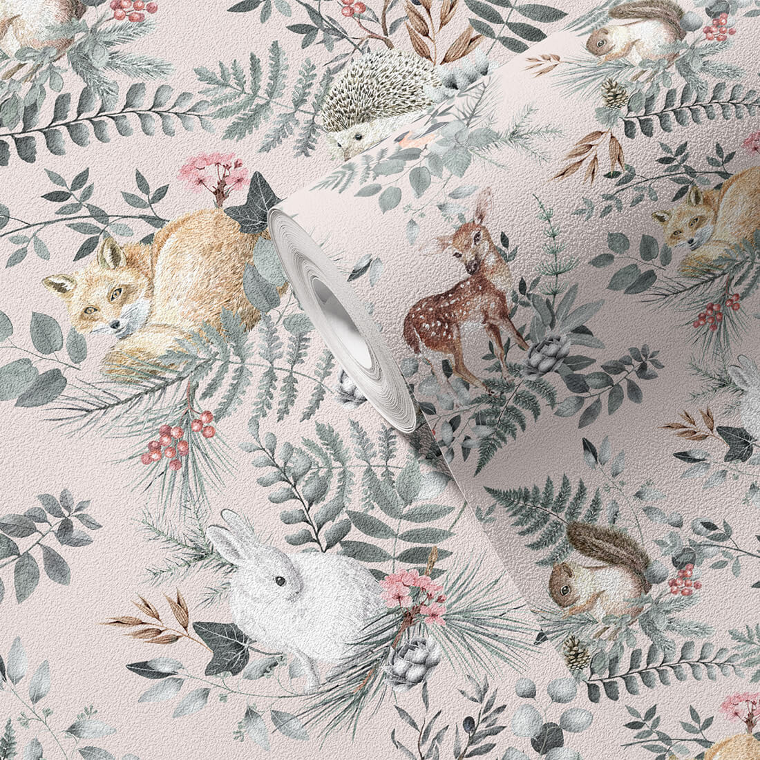 Papel de Parede Floresta ROSA Papel de parede com padrão de animais da floresta e folhas em tons suaves