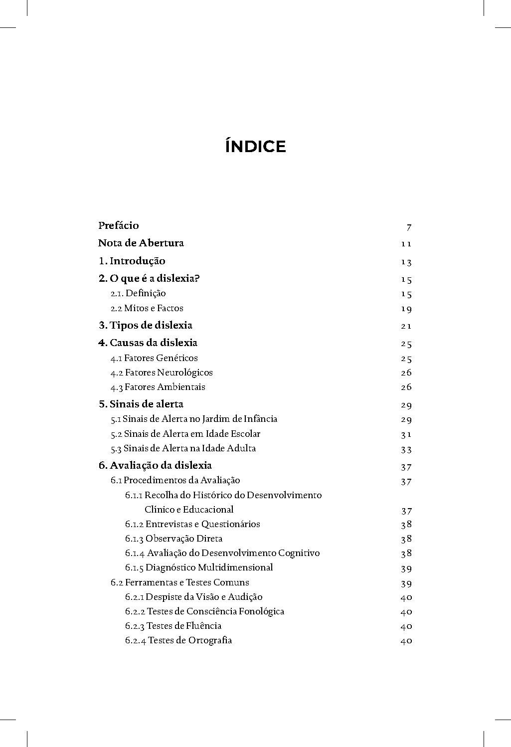 Kit De Ferramentas Dislexia Índice de livro com lista de capítulos e subcapítulos em português sobre dislexia.