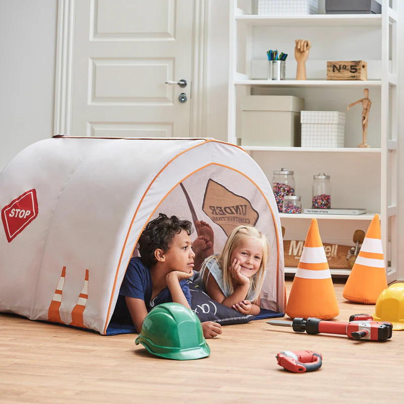 Túnel de Brincar - Construção Tenda infantil de construção com crianças e acessórios de capacetes e cones