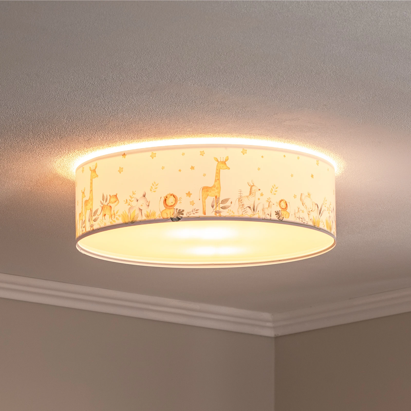 Candeeiro Plafon ZOO – Sweet Dreams Candeeiro de teto com abajur cilindrico branco com desenho de animais amarelos e laranja