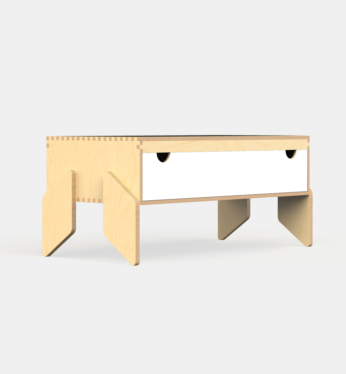 NINO 2 Móvel Modular para Crianças Mesa de centro em madeira clara com gavetas brancas e puxadores pretos em fundo branco