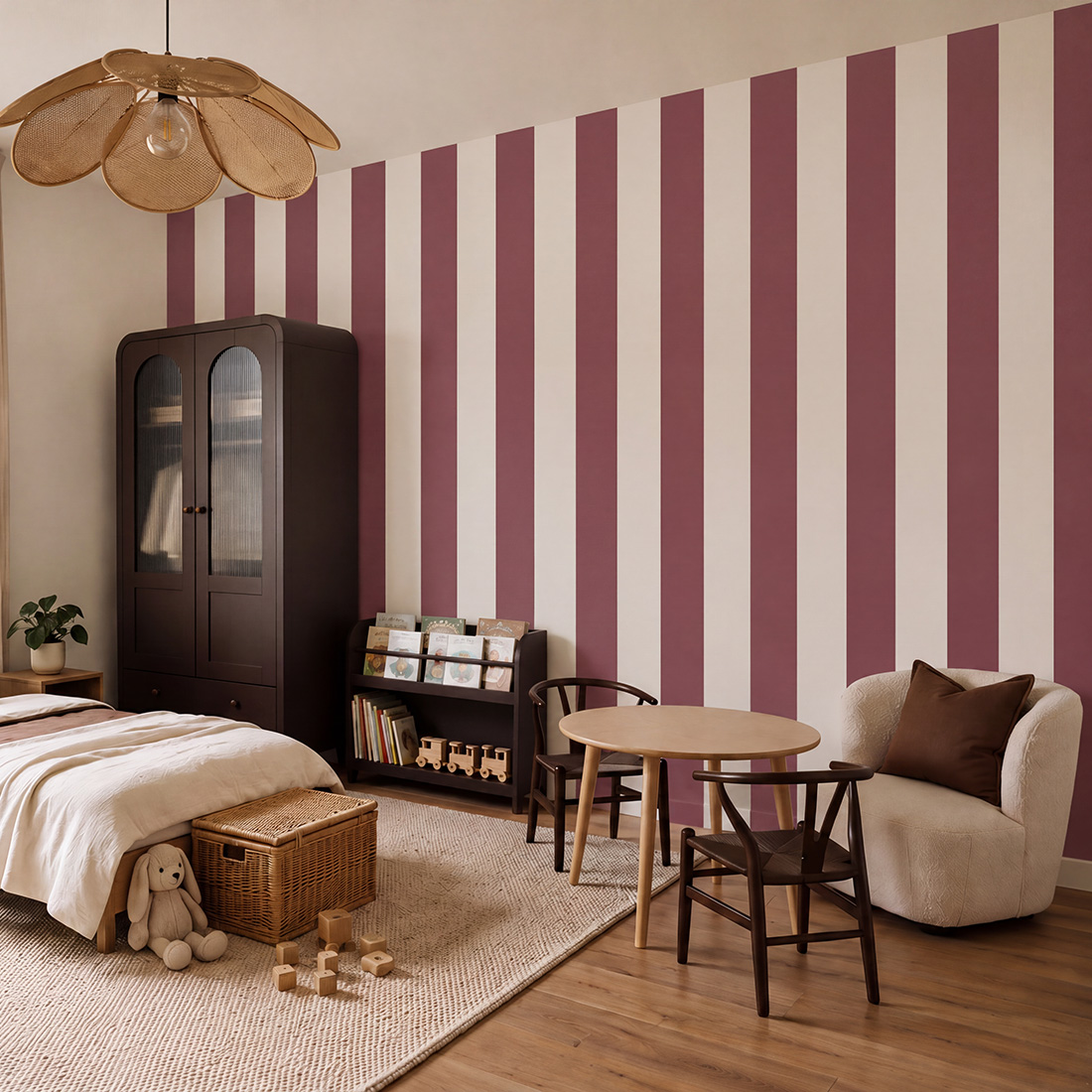 Papel de Parede Infantil às Listas Largas Quarto infantil com decoração em tons neutros e vinho, mobiliário de madeira e candeeiro de vime em forma de flor