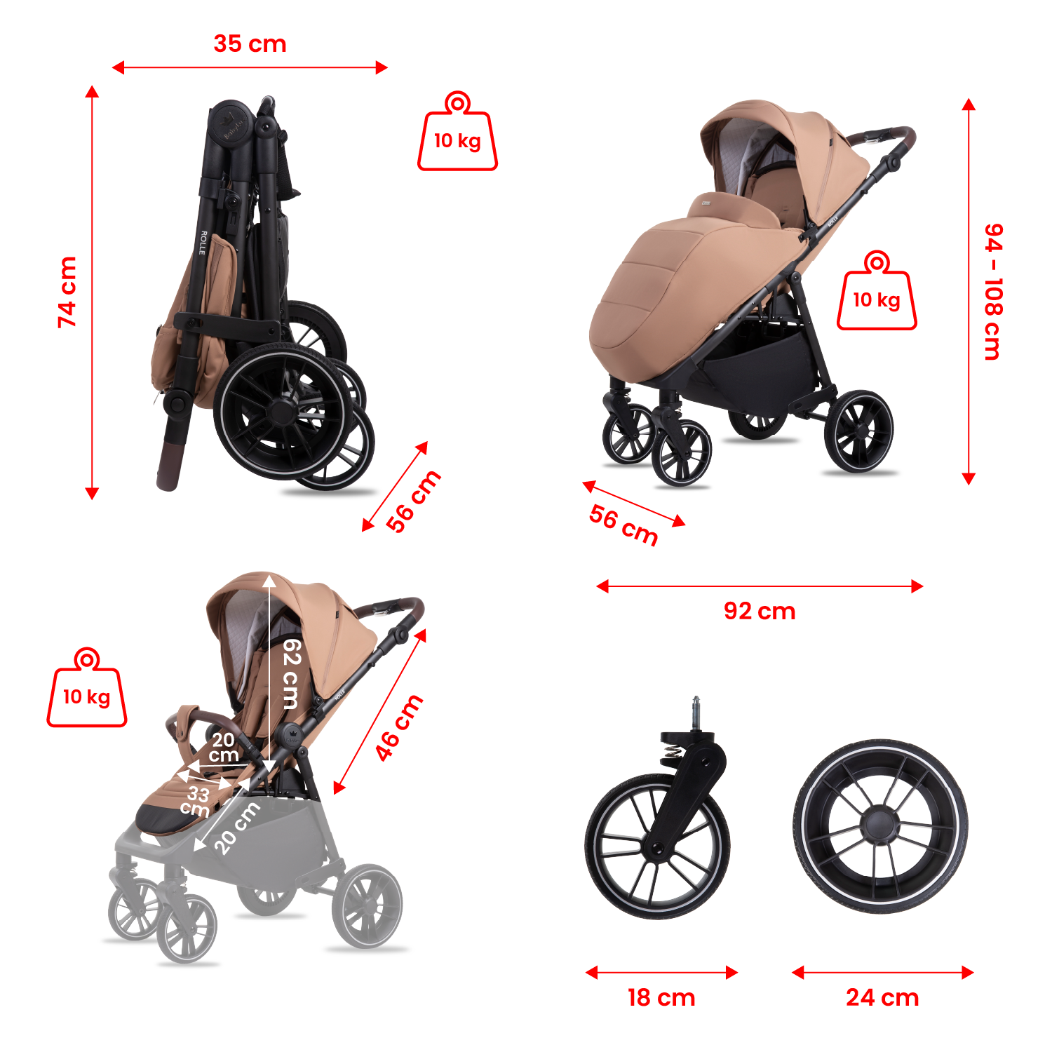 Carrinho de Bebé Rolle Latte Carrinho de bebé bege com estrutura preta e rodas grandes, dobrado e aberto, com dimensões em cm indicadas.