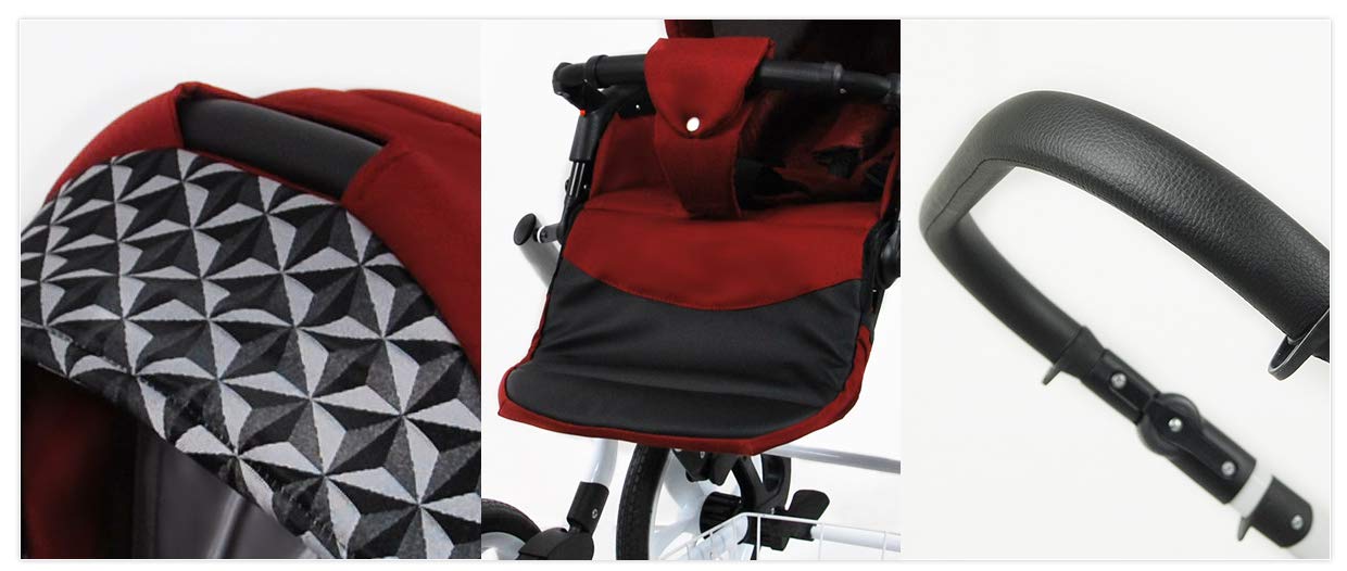 Carrinho de Bebé Alu Way Vermelho Ótico 2 em 1 Detalhes de carrinho de bebé vermelho e preto com padrão geométrico e pega preta