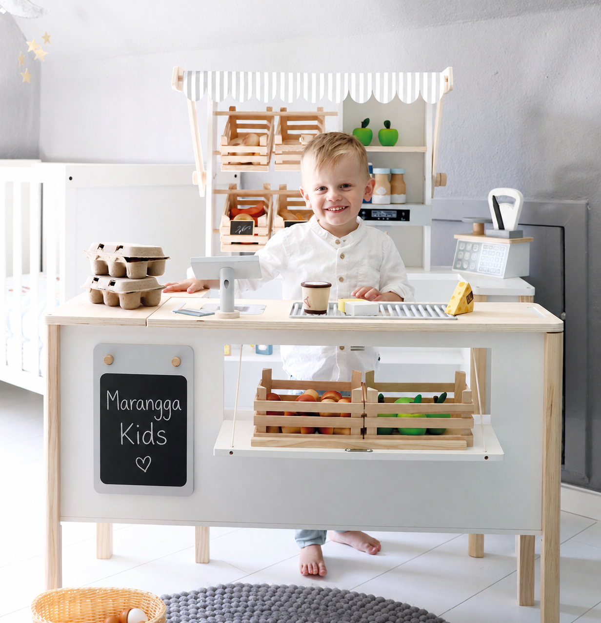 Loja e Cozinha Infantil de FRESCOS Carrinho de brincar de madeira para crianças com acessórios de mercado e placa Marangga Kids