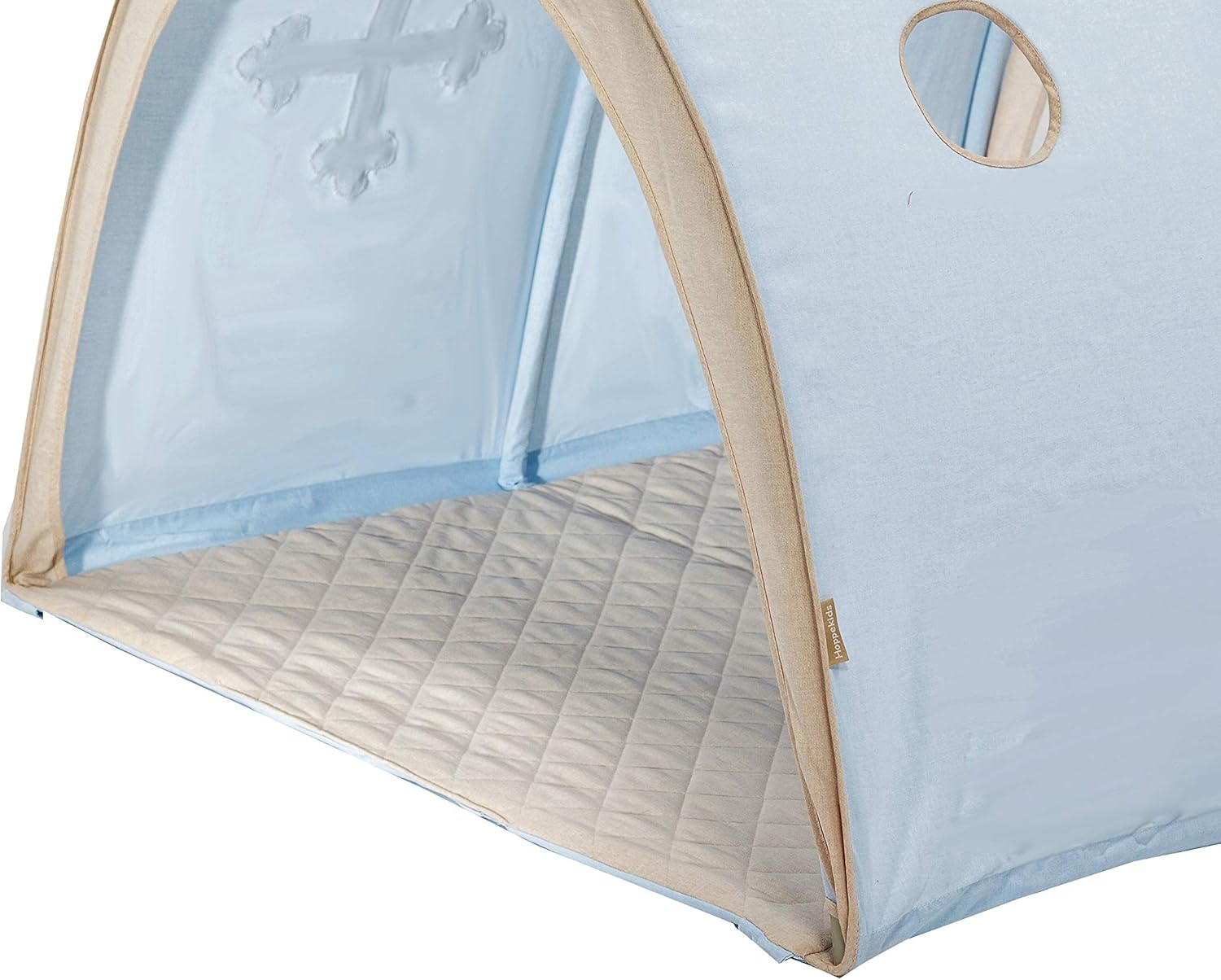 Túnel de Brincar - Cavaleiro do Conto de Fadas Tenda infantil azul clara com interior acolchoado bege e janela oval