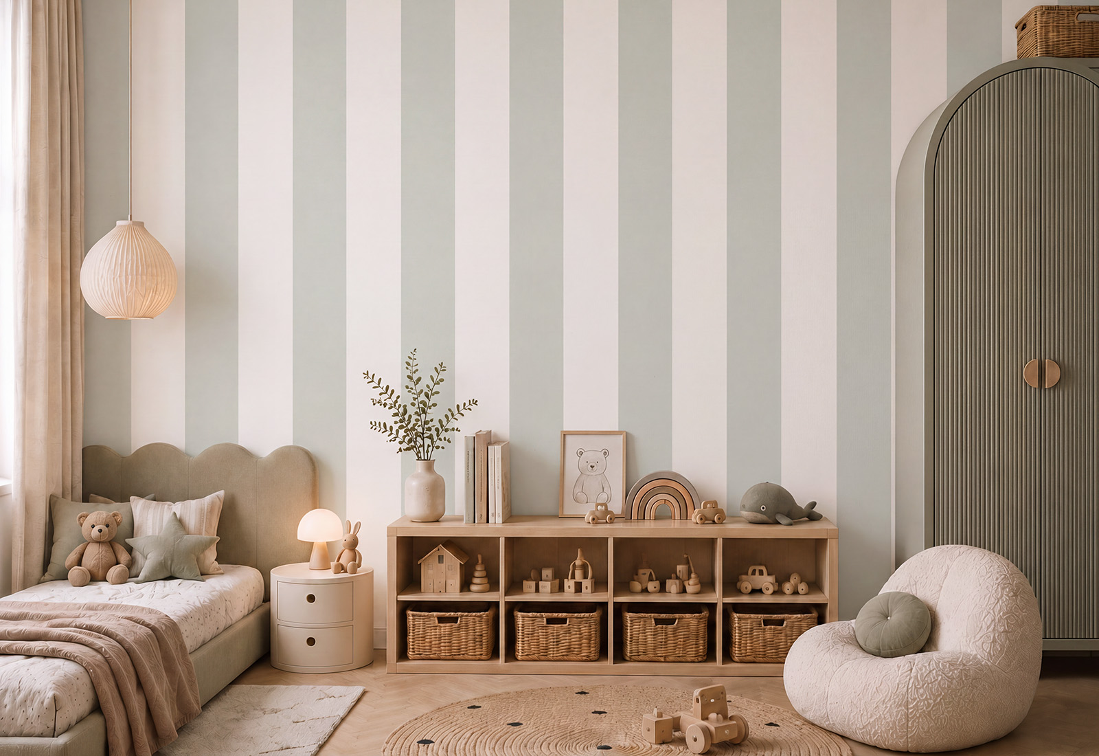 Papel de Parede Infantil às Listas Largas Quarto infantil com decoração neutra e móveis de madeira clara