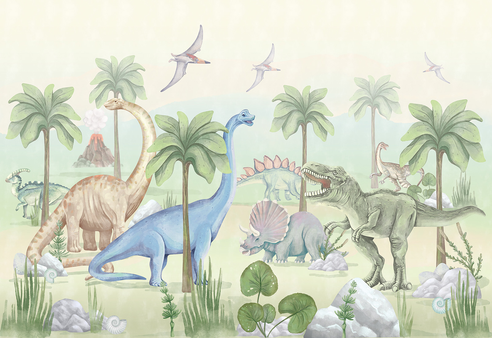 Papel de Parede Infantil Dinossauros Ilustração de dinossauros coloridos num cenário pré-histórico com palmeiras e um vulcão.