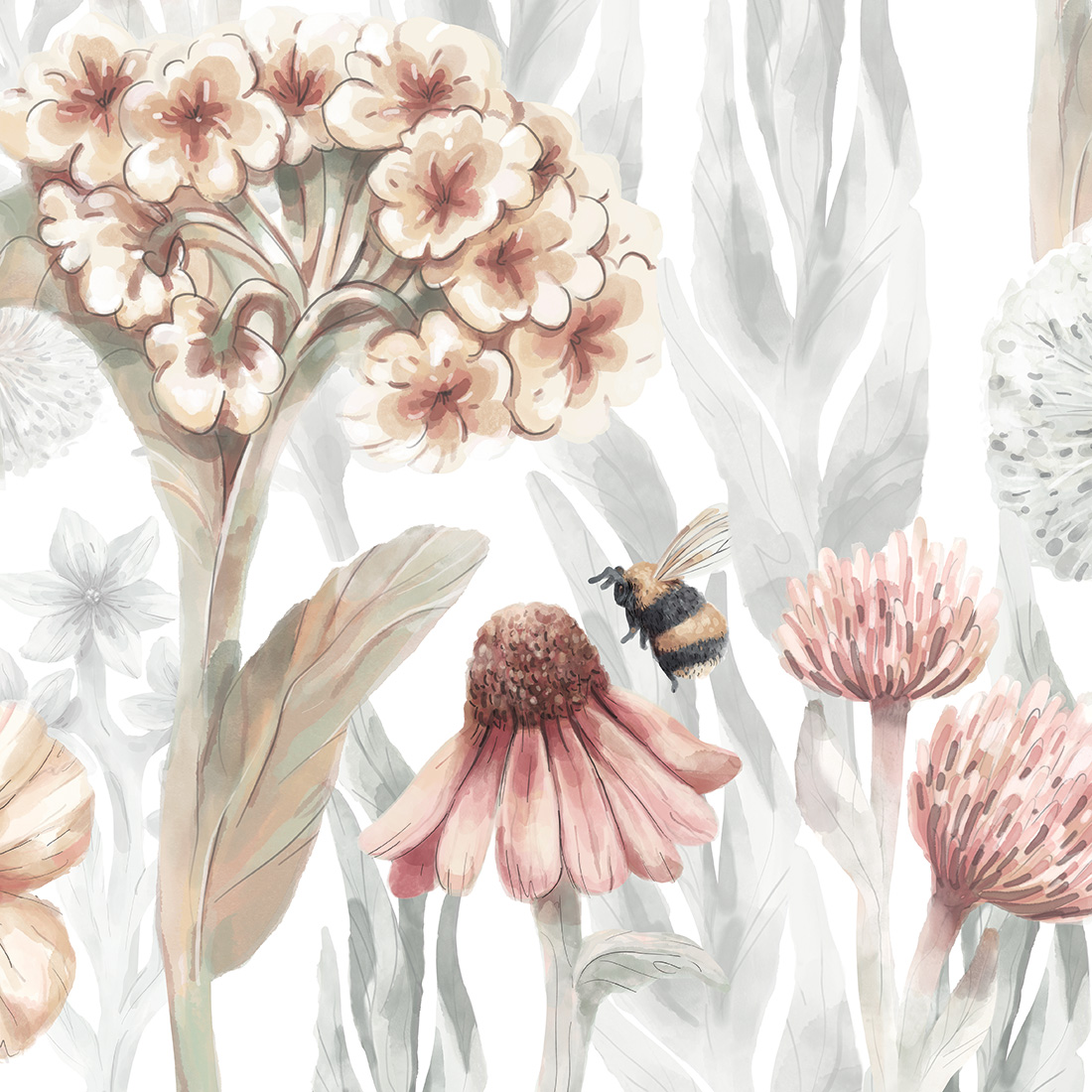 Papel de Parede Infantil Flores Silvestres Pequenas Ilustração de flores em tons pastel com abelha voando