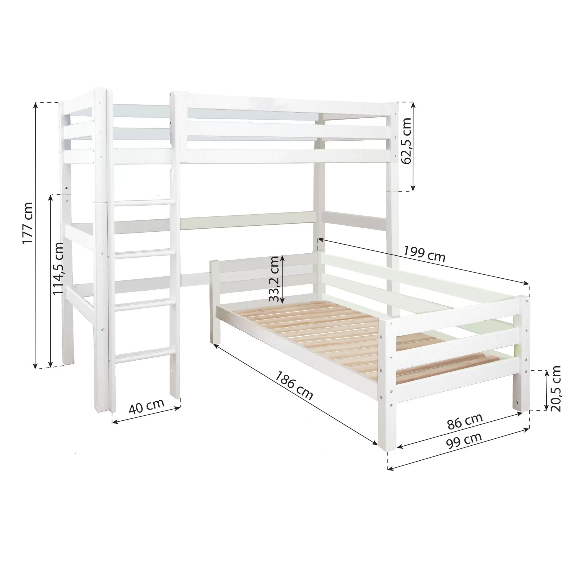 Beliche Eco Luxury Flexível Cama alta branca com cama inferior e escada, medidas visíveis em centímetros