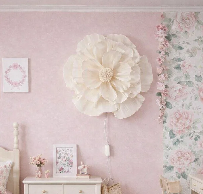 Candeeiro LED de Parede Flor Lâmpada decorativa em forma de flor branca numa parede rosa com decoração floral