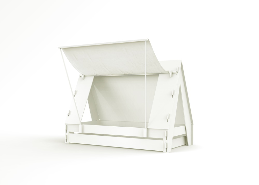 Cama Infantil TENDA com Gaveta Estrutura tenda branca de madeira com lona aberta em fundo branco