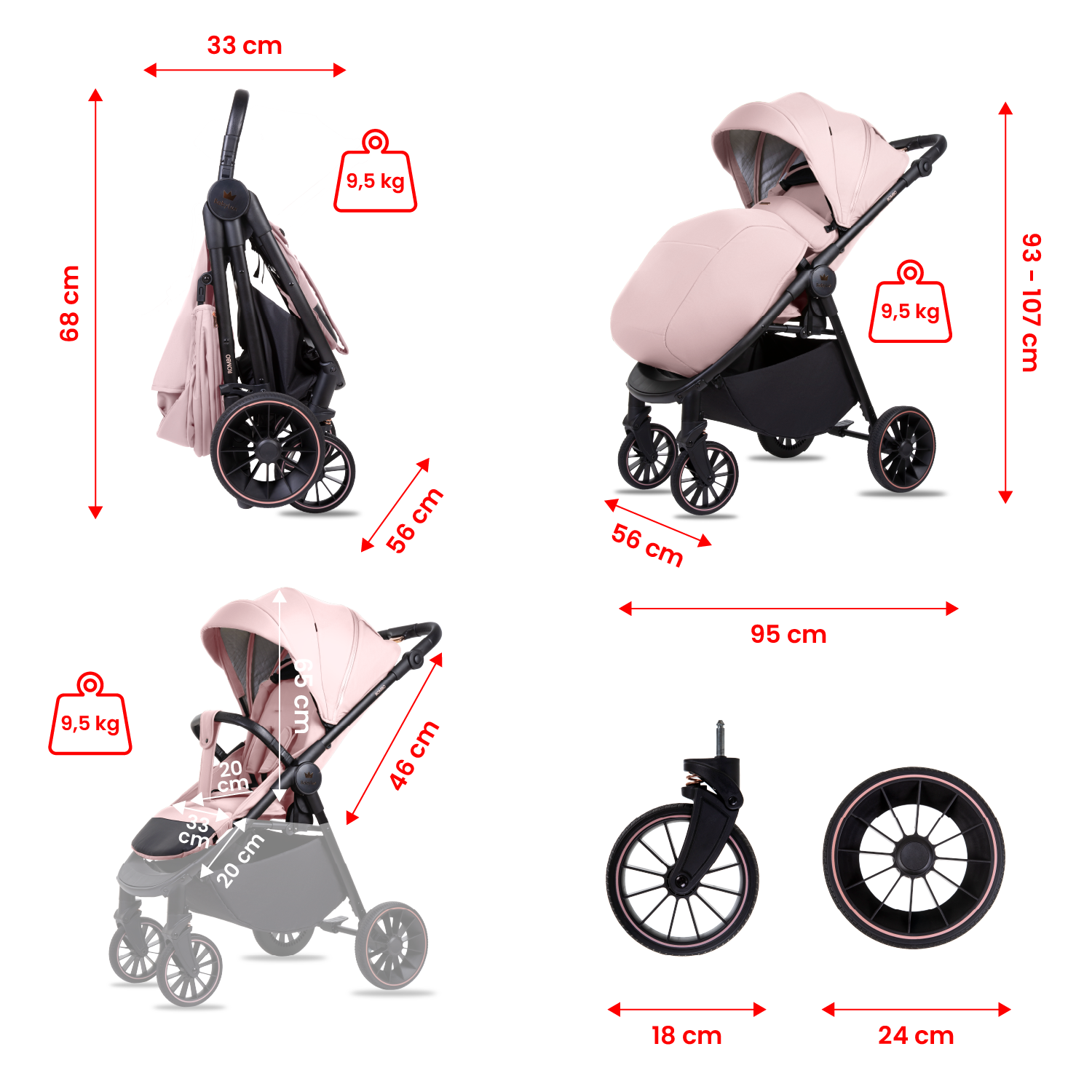 Carrinho de Bebé ROMBO Rosa Carrinho de bebé rosa claro, estrutura preta, com medidas e peso indicados