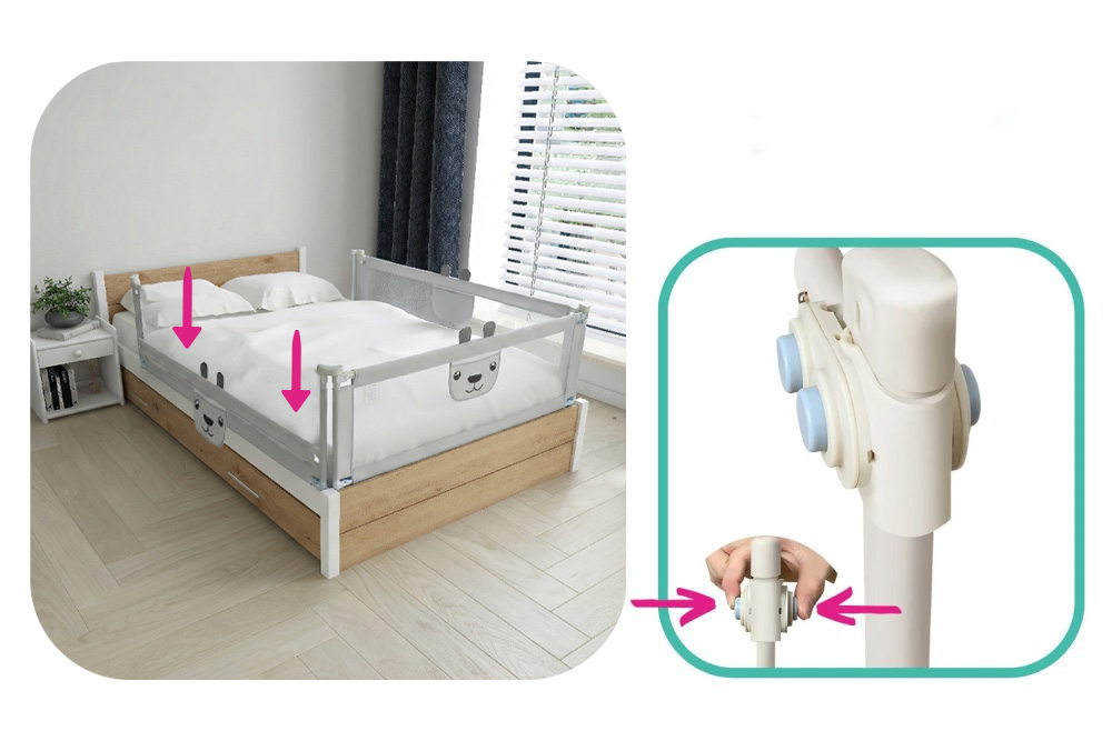 Grade de Proteção para Cama Infantil Ursinho Barreira de cama infantil branca com desenhos de urso numa cama de madeira clara