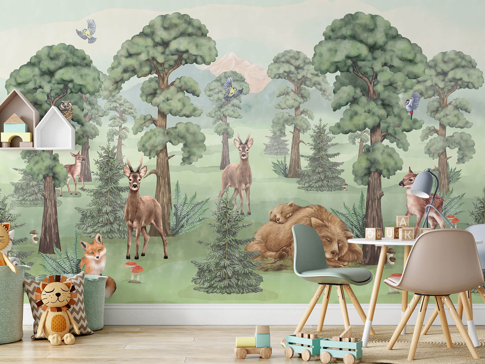 Papel de parede infantil com ilustração de floresta e animais