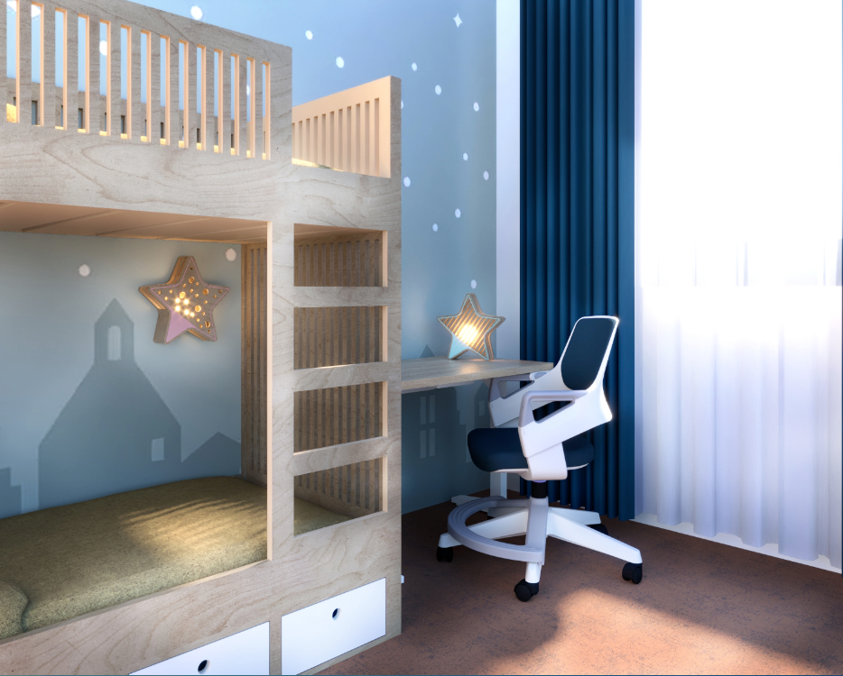 Luminária Estrela de Madeira Controlado por SMARTPHONE Quarto infantil com beliche de madeira clara, candeeiro de estrela, cadeira branca e azul e cortinas azuis