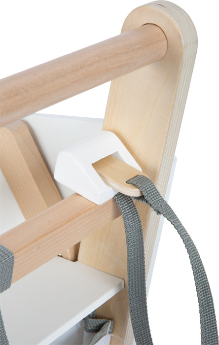 Carrinho de Compras de Madeira Suporte de madeira claro com correia cinza e peça plástica branca