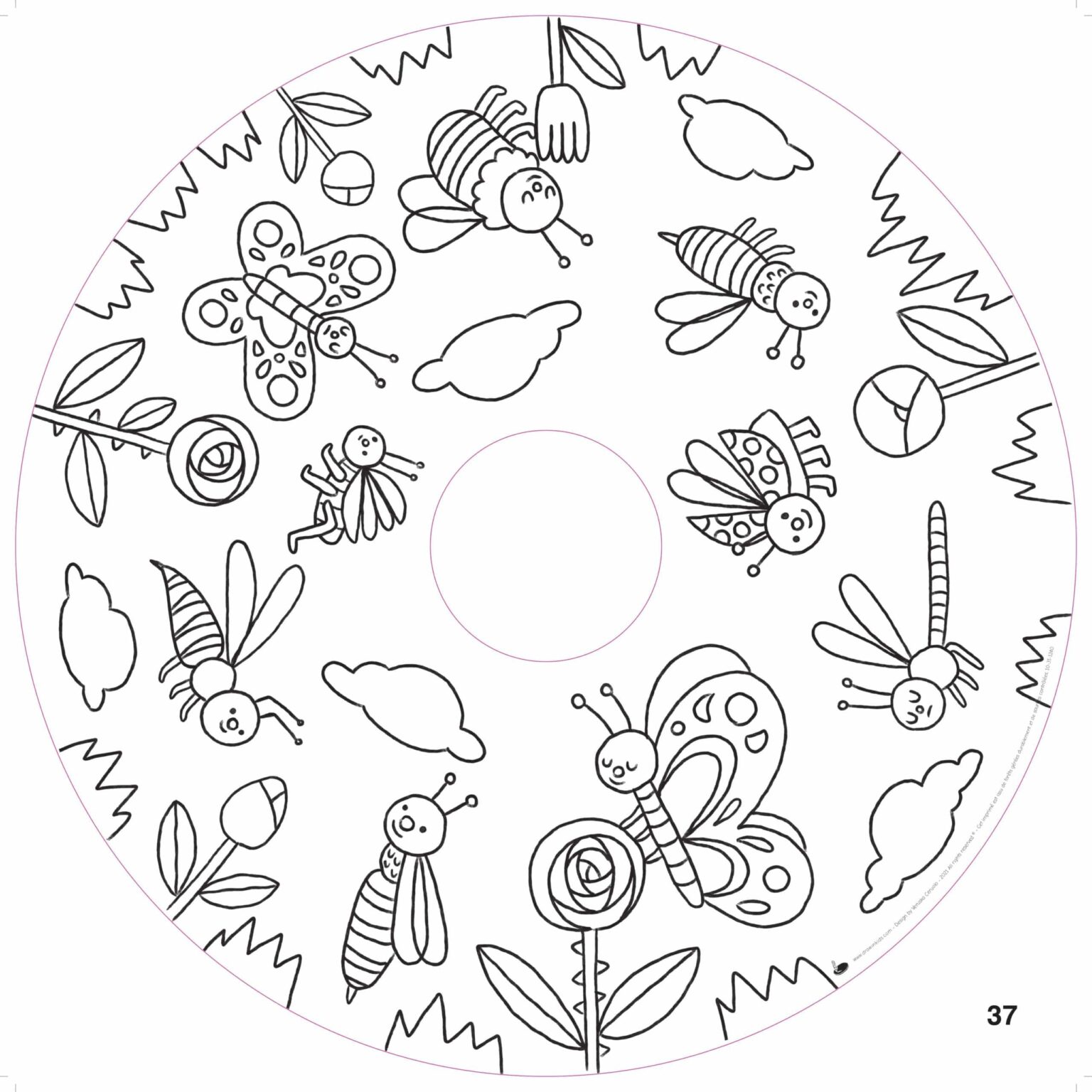 Recarga de Folhas para Colorir - Jardim Desenho para colorir com insetos e flores em preto e branco num formato circular
