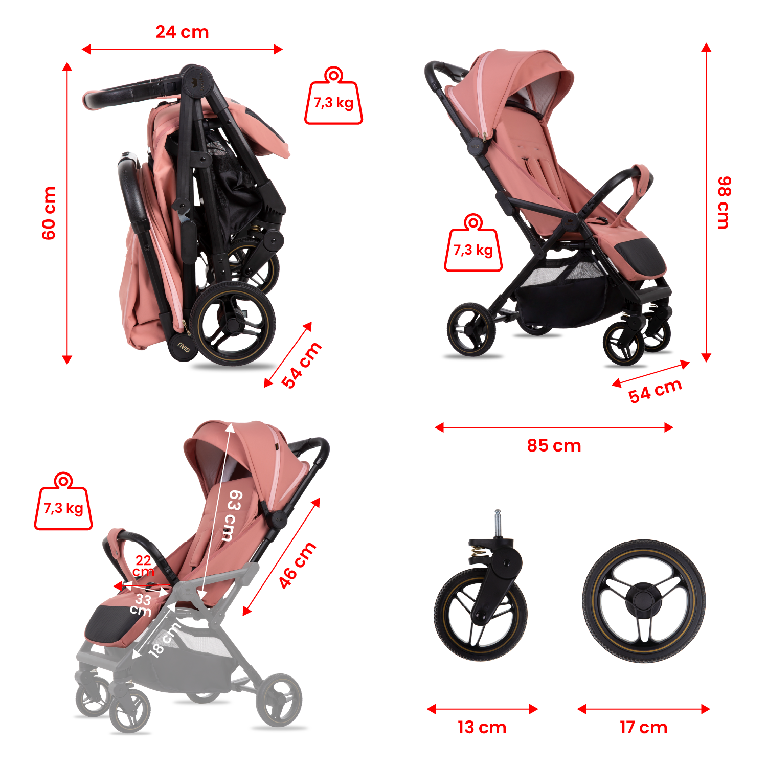 Carrinho de Bebé GIAU Rosa Salmão Carrinho de bebé cor de rosa dobrável com medidas e peso detalhados.