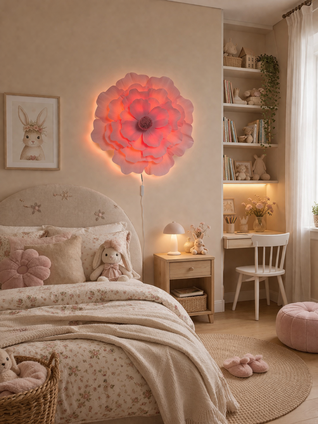 Candeeiro LED de Parede Flor Quarto infantil com decoração em tons de bege e rosa e luminária de parede em forma de flor iluminada