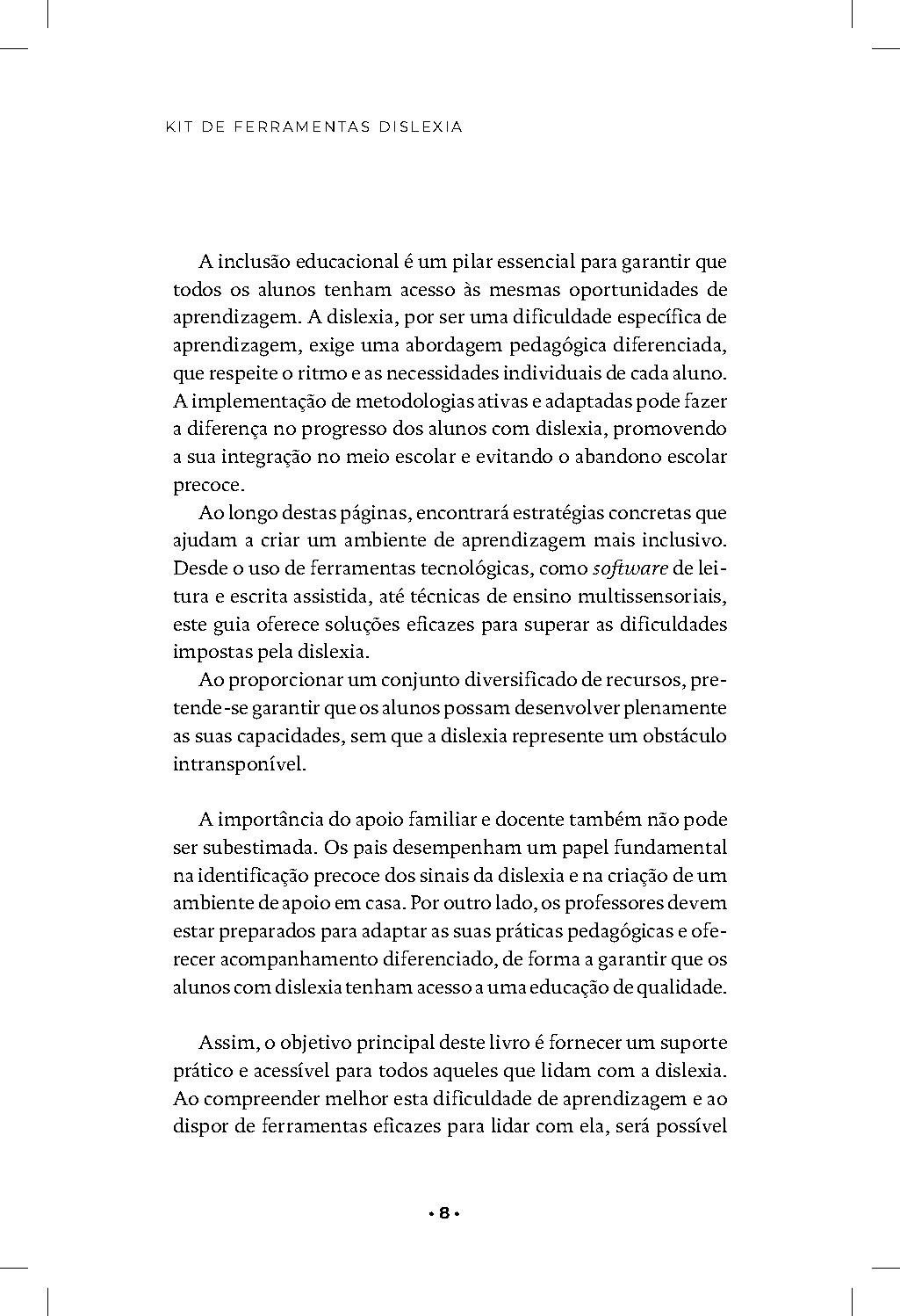 Kit De Ferramentas Dislexia Página de livro com texto em português sobre inclusão e dislexia