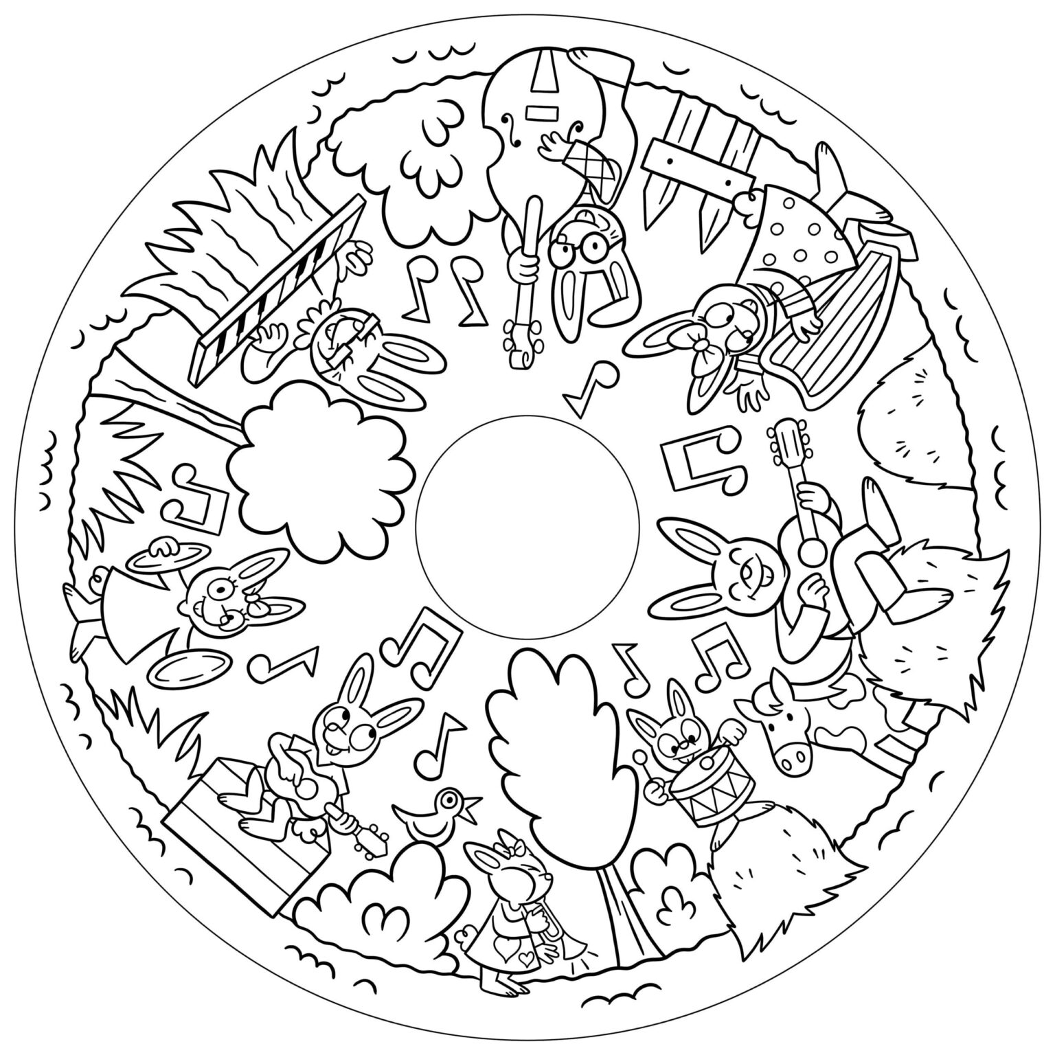 Recarga de Folhas para Colorir - Coelhinhos Ilustração a preto e branco de coelhos a tocar instrumentos musicais num círculo