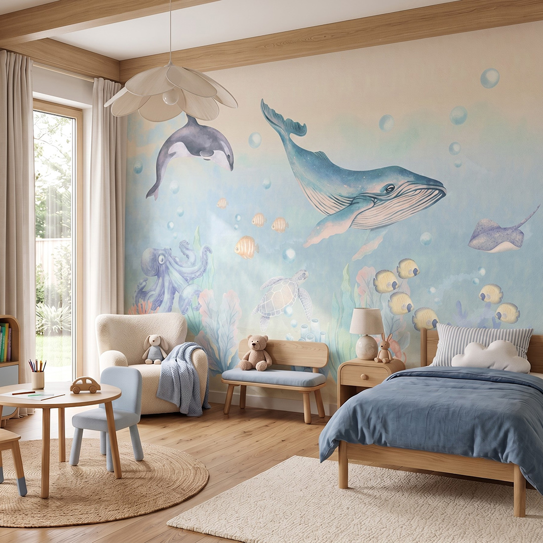 Papel de Parede Infantil Oceano Quarto infantil decorado com tema de oceano e móveis em madeira clara.