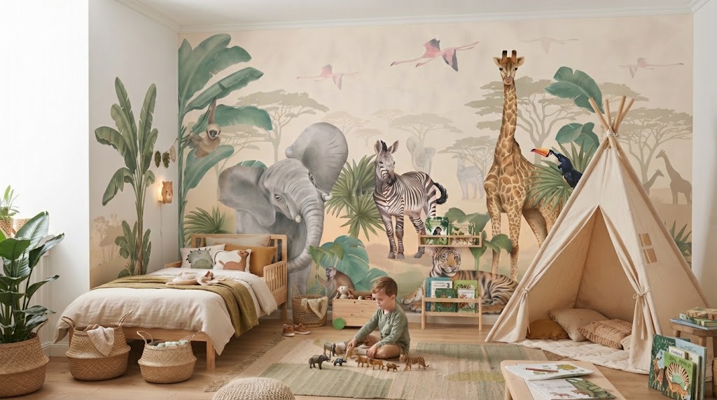Quarto infantil decorado com tema de animais selvagens e mobiliário de madeira
