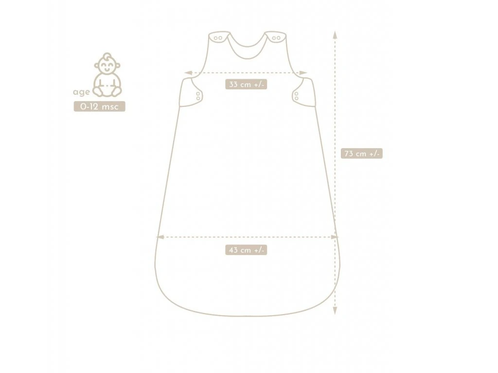 Saco de Dormir para Bebé - Dino Desenho técnico de saco de dormir para bebé com medidas em centímetros e indicação de idade 0-12 meses