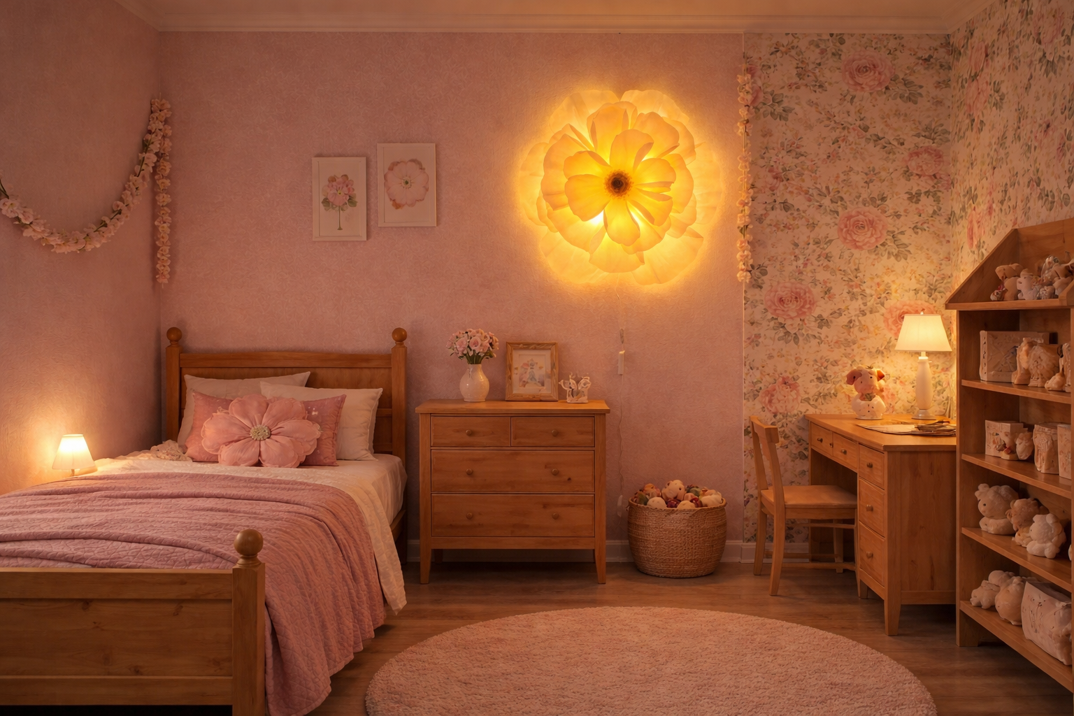 Candeeiro LED de Parede Flor Quarto infantil decorado com móveis e acessórios em madeira e tons rosa com candeeiro de parede em forma de flor.