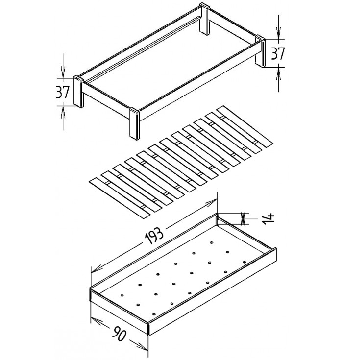Cama Infantil TENDA com Gaveta Desenho técnico de estrutura retangular com medidas e três componentes distintos