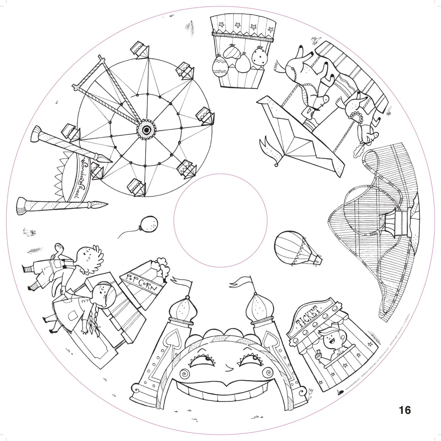 Recarga de Folhas para Colorir - A Vida na Cidade Desenho em preto e branco de feira com roda-gigante, crianças, pipocas, balões, animais e bilhetes num formato circular.