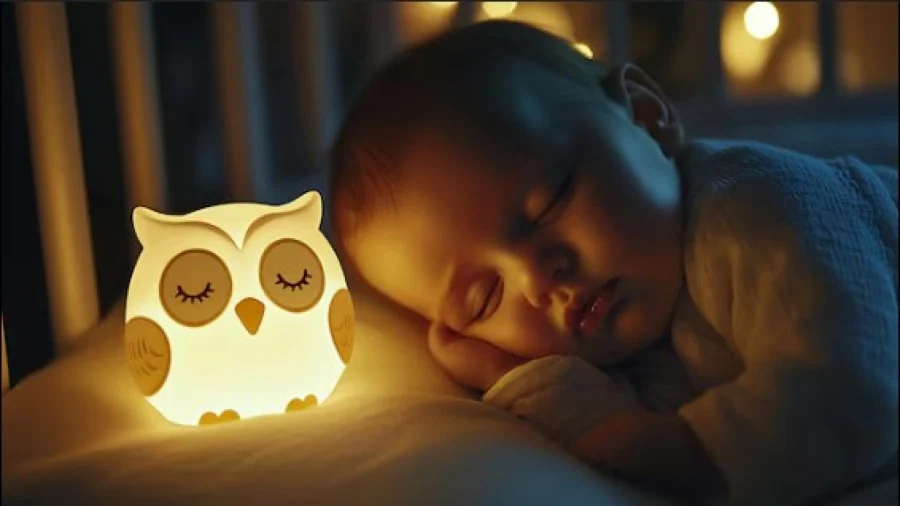 Criança adormecida ao lado de candeeiro coruja luminosa