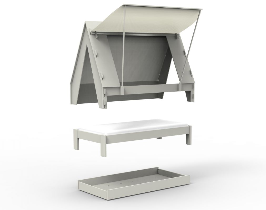 Cama Infantil TENDA com Gaveta Cama desmontada em três partes com toldo e colchão branco